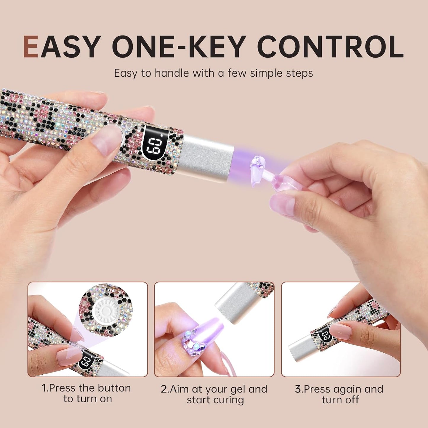 Handheld UV Light for Gel Nails,Mini LED Cordless Nail Lamp for Gel Nail Polish,Portable Flash Cure Lamp,Rechargeable USB Nail Dryer with LCD Display Fast Curing (Leopard Diamond)