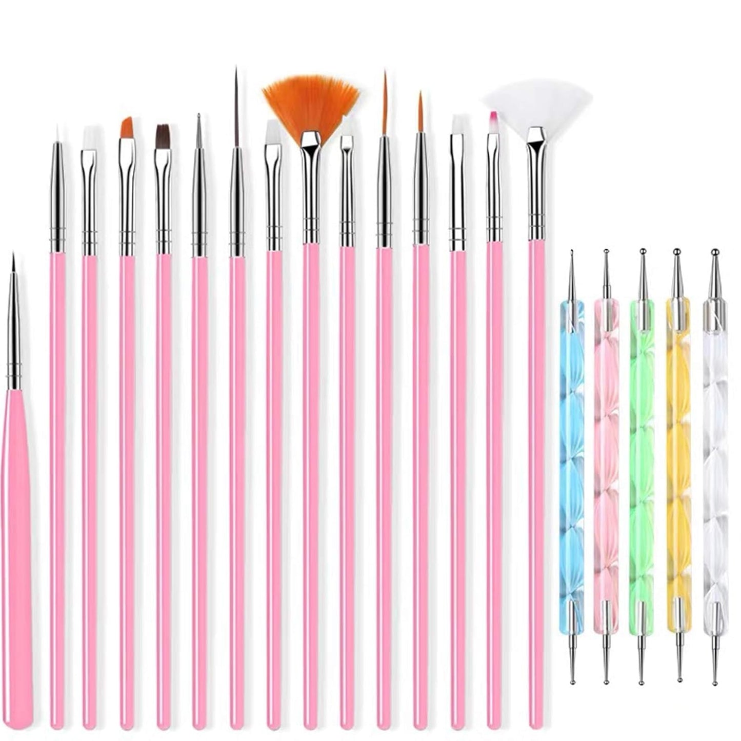 20 Nail Art Brushes with Nail Palette & Tips - Manicure Design Tools