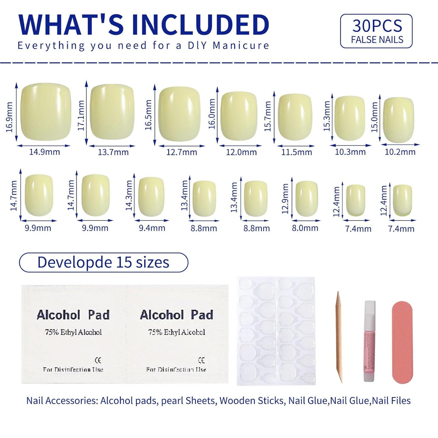 Cream Yellow Press On Nails Short, Glossy Soft Gel Press On Nails Square with Nail Glue, 15 Sizes - 30 Fake Nails Kit, Thick Natural Reusable Glue On Nails for Women, Butter Bliss