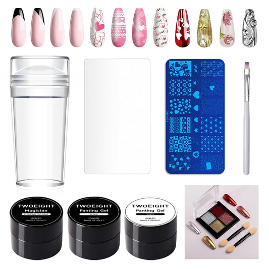 TWOEIGHT Nail Stamp Gel 8Pcs French Tip Nail Stamp Kit with Black White Color Stamper Gel Polish,Stamping Top Coat,Nail Stamping Templates, Scrapers, Silicone Stamper,Brush,4 Colors Chrome Nail Powder
