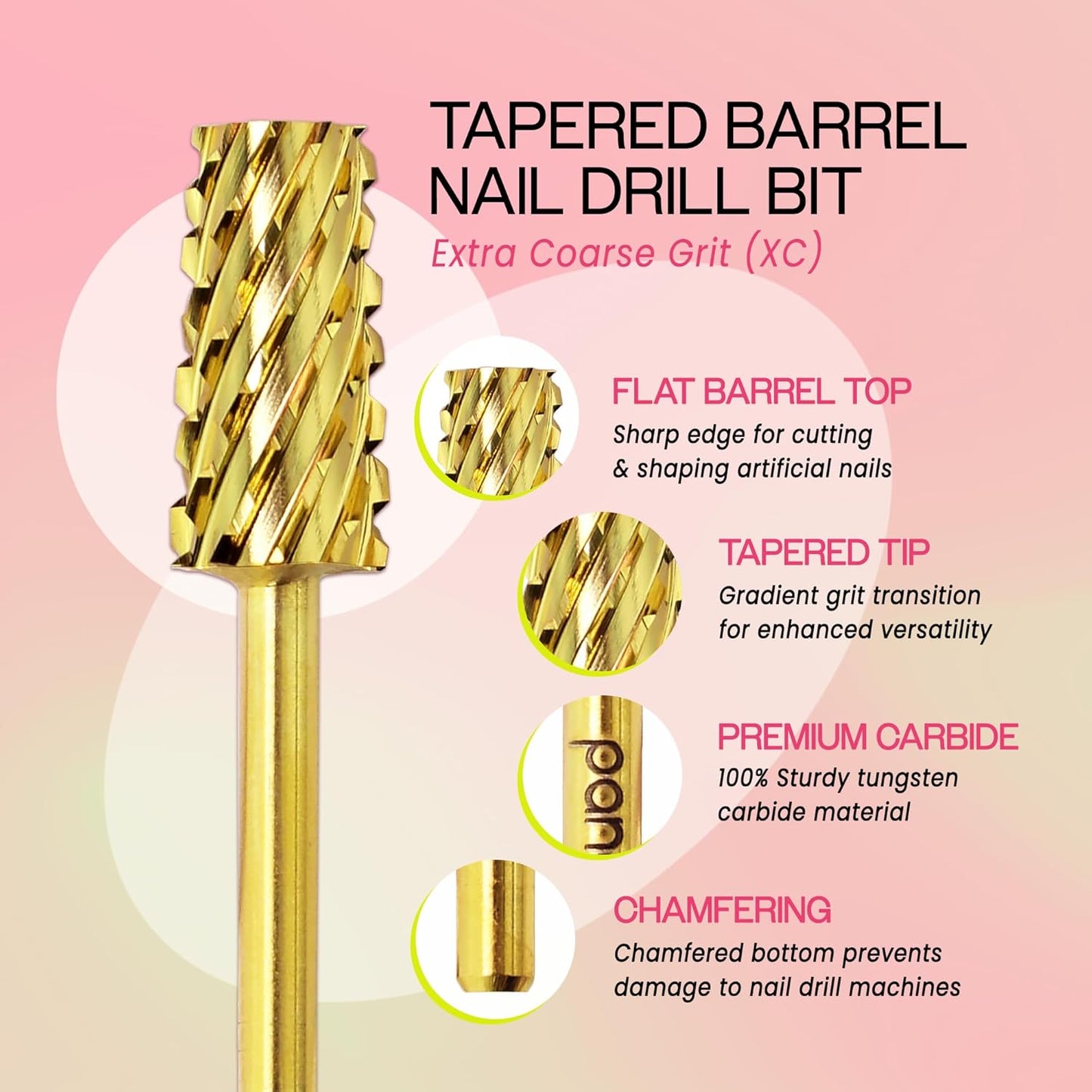 PANA Tapered Barrel Carbide 3/32" Shank Size - (Gold, Extra Coarse Grit) - Fast remove Acrylic or Hard Gel Nail Drill Bit for Manicure Pedicure Salon Professional or Beginner