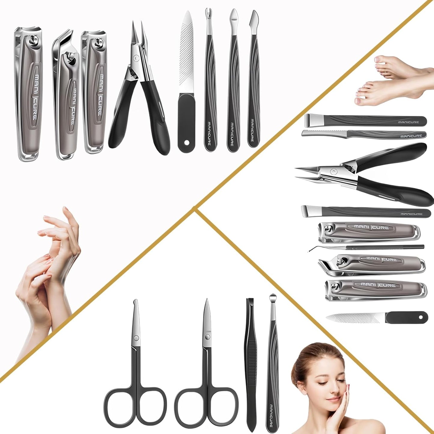 Manicure Set Professional Nail Clippers Pedicure Kit, 16 pcs Stainless Steel Nail Care Tools Grooming Kit with Storage Bag for Men Women Gift