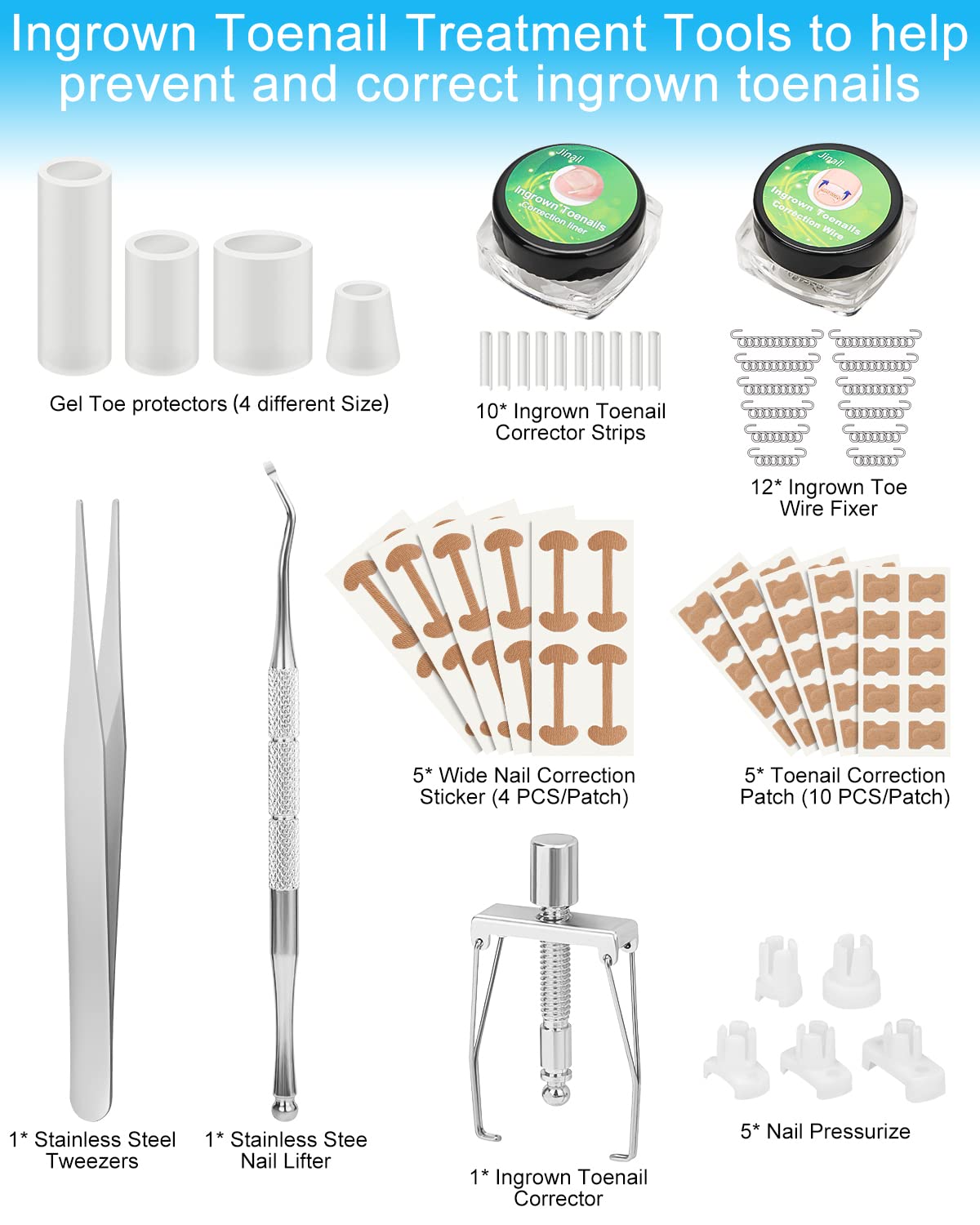 Ingrown Toenail Removal Kit, Ingrown Toenail Treatment, Ingrown Toenail Corrector Tools Come with Podiatry Toenail Braces, Ingrown Toenail Corrector Strips and Patch for Toe Pain Relief
