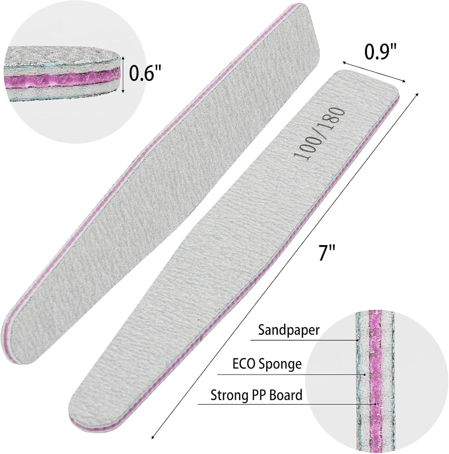 BTYMS 100 Count 100/180 Grit Nail Files for Acrylic Nails, Double Sided Emery Boards Reusable Nail Buffing Files