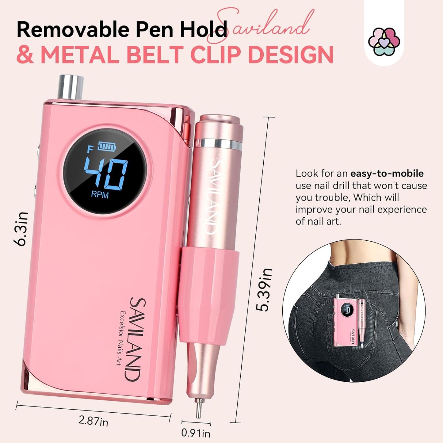 SAVILAND Electric Nail Drill Professional: 40000RPM Pink Rechargeable Electric Nail Filer with 6000mAh Battery, for Shaping, Removing & Polishing Acrylic Nails Home Salon Manicure Pedicure Ideal Gift