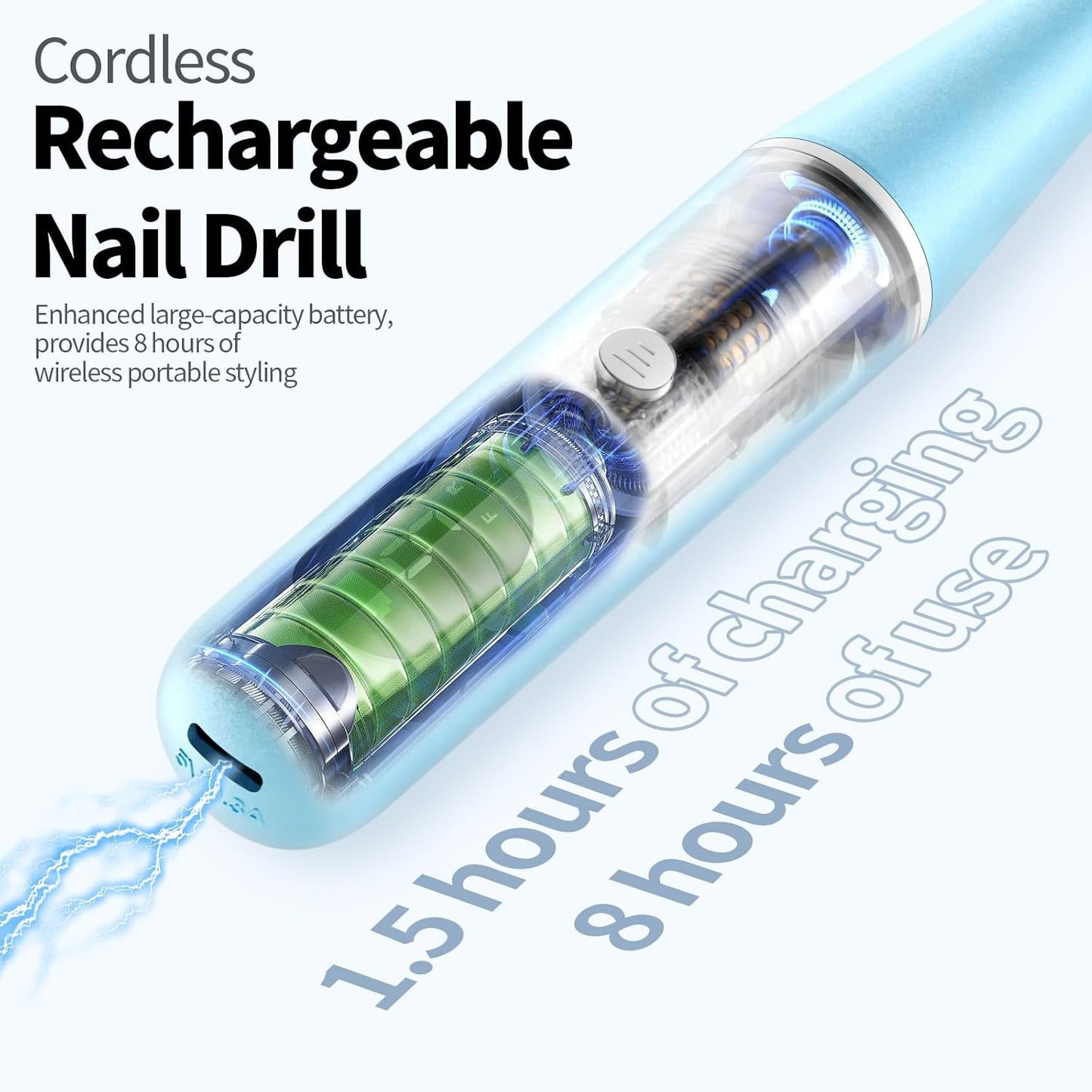 Electric Nail Drill Kit Professional - 9 Speed Cordless Electric Nail File with LED Display, Portable Nail Drill Machine for Acrylic Gel Nails, Hand Feet Trimmer Buffer Tool for Women Men Baby Blue
