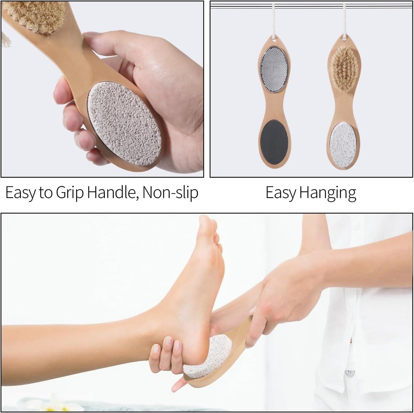Pumice Stone Brush for Feet 4 in 1, Wooden Foot File Callus Remover, Foot Rasp and Sand Paper Pedicure Tools with Handle, Shower Foot Scrubber, Soft Smooth Feet for Home Foot Care