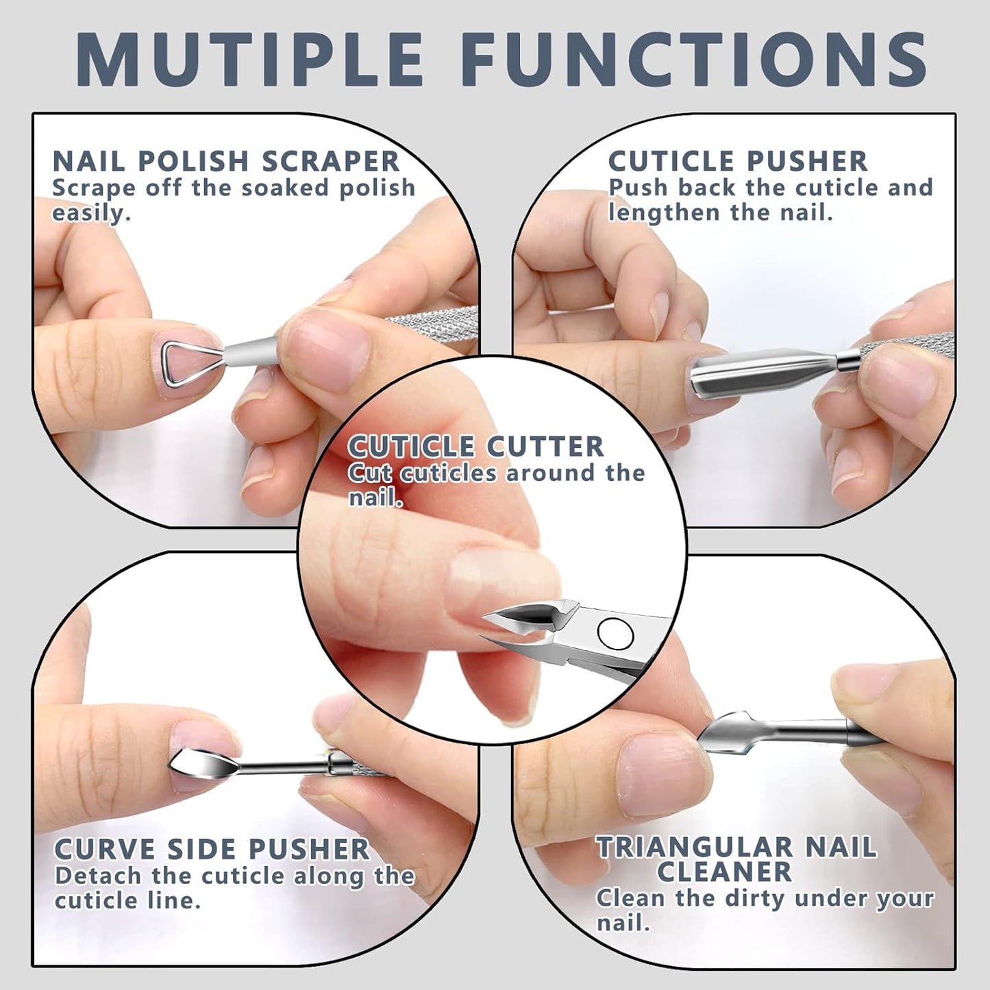 Cuticle Trimmer with Cuticle Pusher and Scissors, Cuticle Remover Professional Durable Pedicure Manicure Tools, Stainless Steel Cuticle Nipper Cutter Clipper for Fingernails and Toenails (Silver)