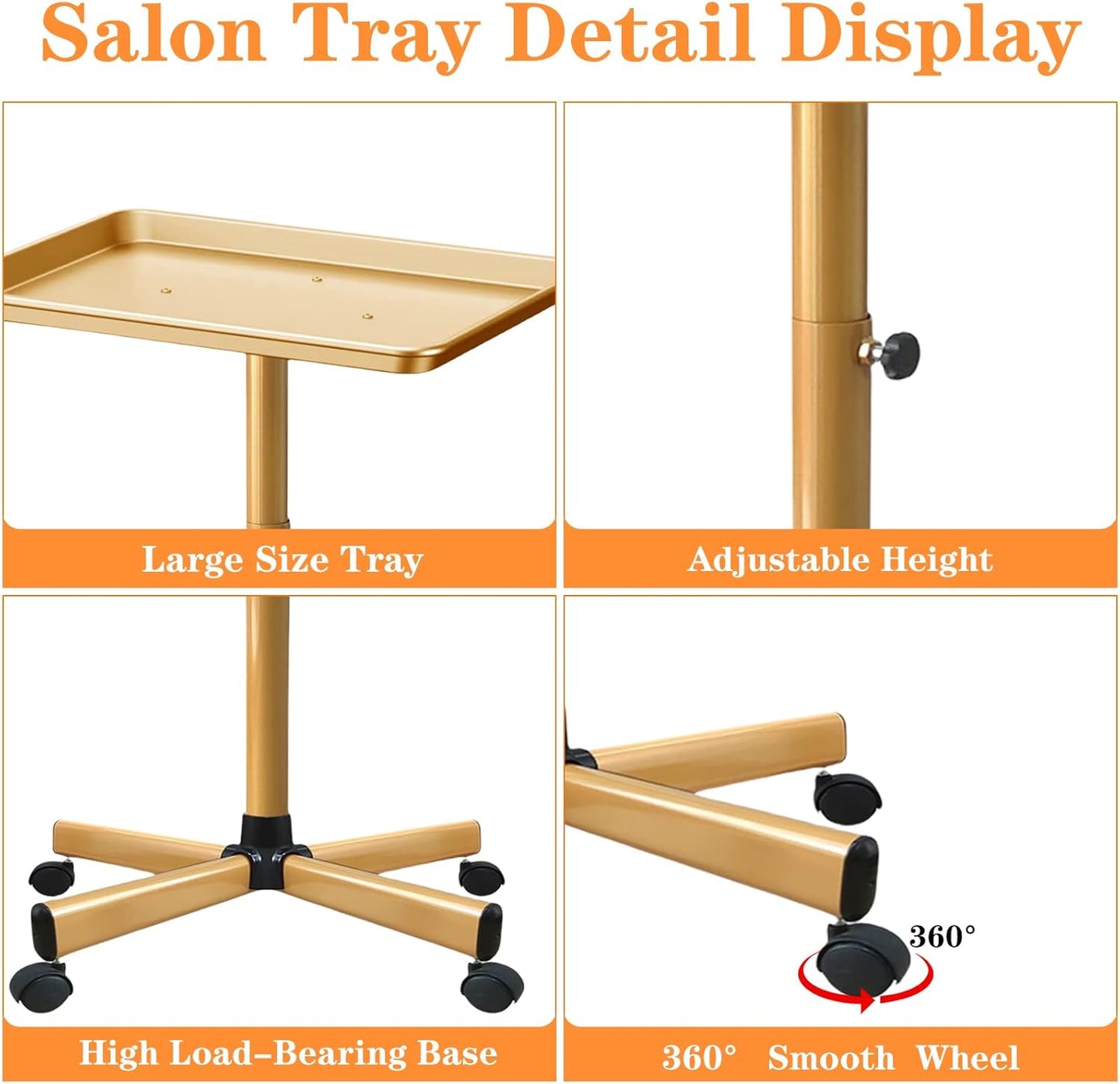 Salon Tray, Gold Salon Rolling Tray, Height-Adjustable, Also Use as Tattoo Tray and Dental Tray（Golden）