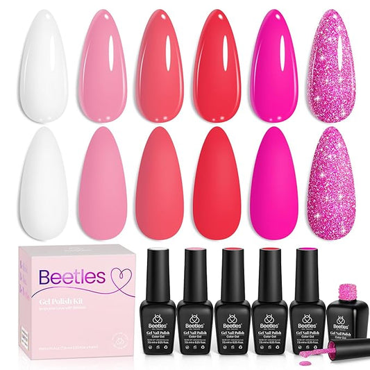 Beetles Hot Pink Gel Polish Set - 6 Colors Pink Gel Nail Polish Rose Red Nails Kit Nail Polish Collection Pink Glitter Gifts for Women Soak Off Uv Nail Lamp Manicure Kit