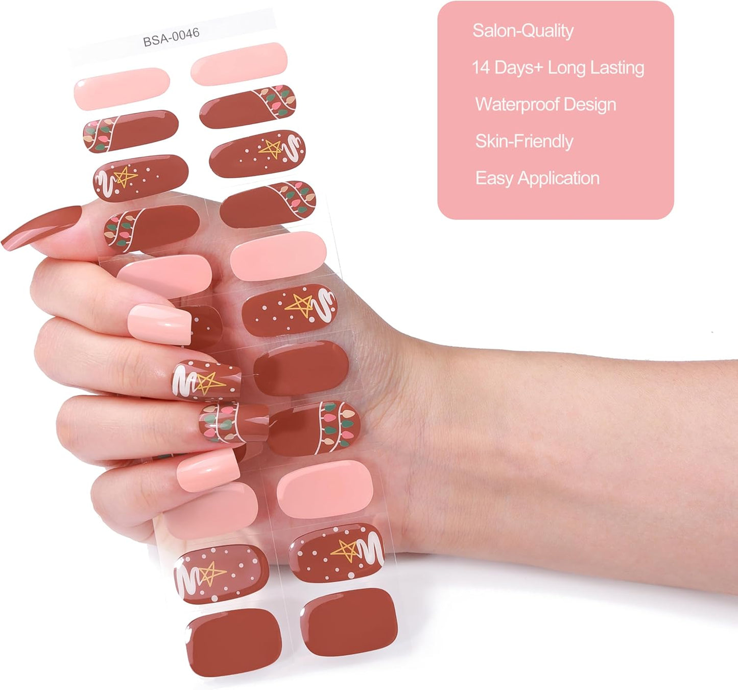 No Lamp Gel Nail Strips 22 Pcs Wraps - Coffee Pink, Easy Apply Gel Nail Stickers Long Lasting, Salon-Quality, 2 Prep Pads, 1 File, 1 Wooden Stick