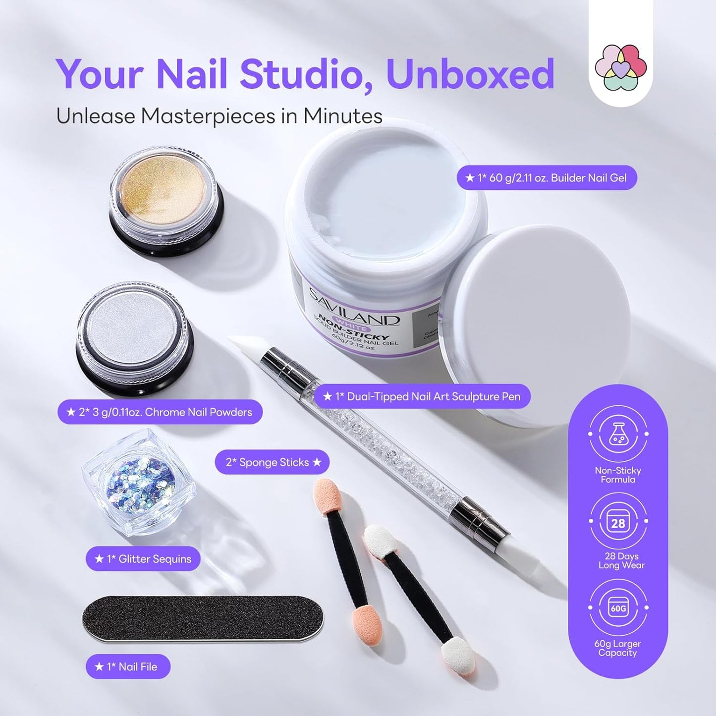 SAVILAND White Solid Builder Nail Gel Kit: Non-Sticky 60 g Sculpture Gel for Nail Art with Chrome Powder Sequins Sculpture Pen Non-Wipe Extensions 3D Nails Art Designs DIY Home