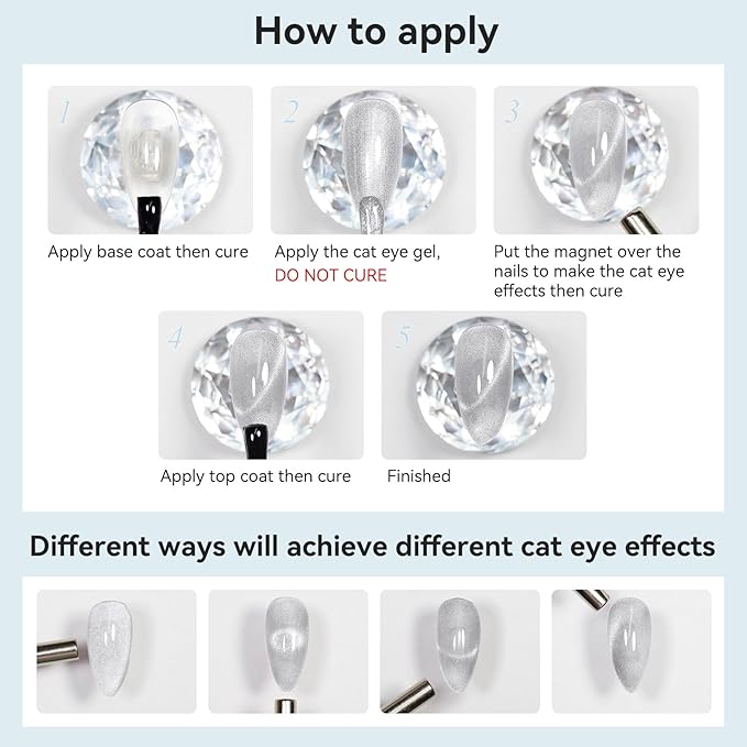 Cat Eye Gel Nail Polish, Silver Glitter Magnetic Cat Eye Nails With Magnet Stick, For Holographic Shimmer Cateye Effect, UV Velvet Nail Art Manicure Salon DIY Home, 12ML
