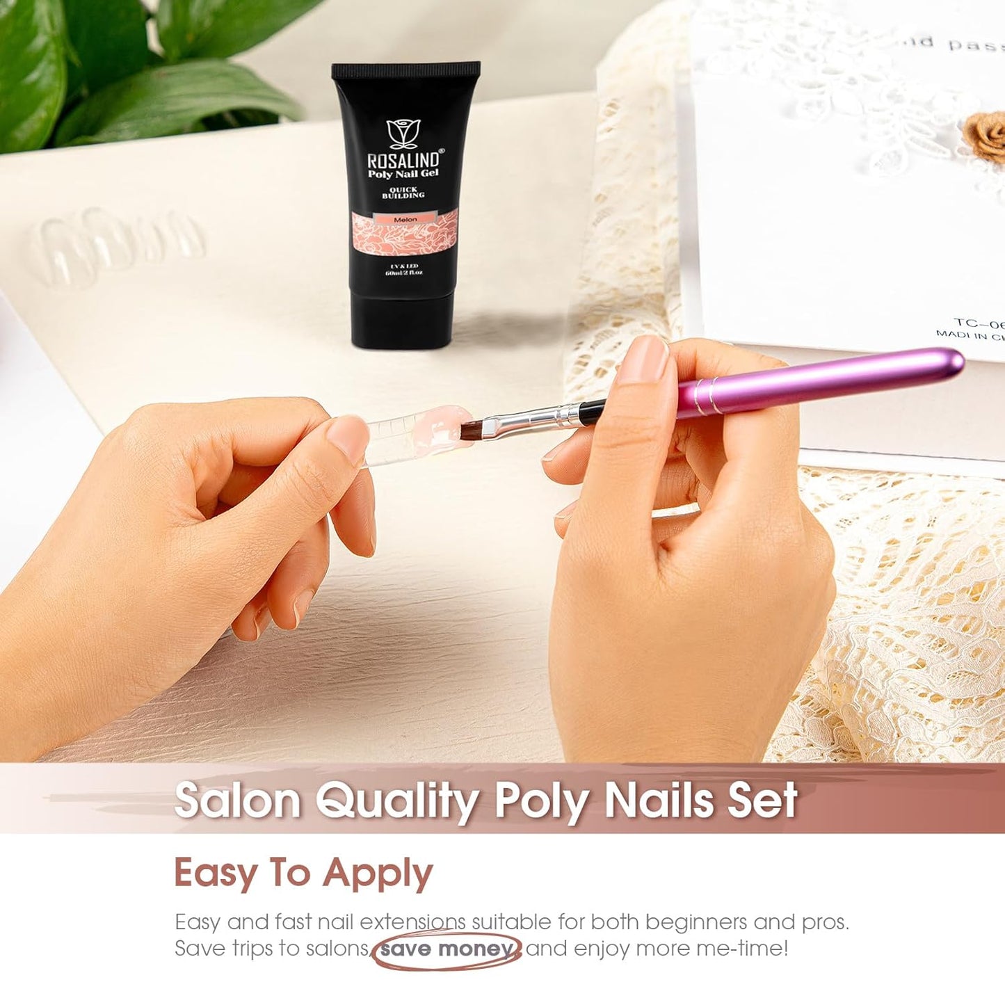 ROSALIND Pink Poly Nail Gel, 60ml Extension Gel for Nail Art Poly, Natural Color Builder Pink Gel Poly Extension Easy to DIY Use at Home Need UV Lamp