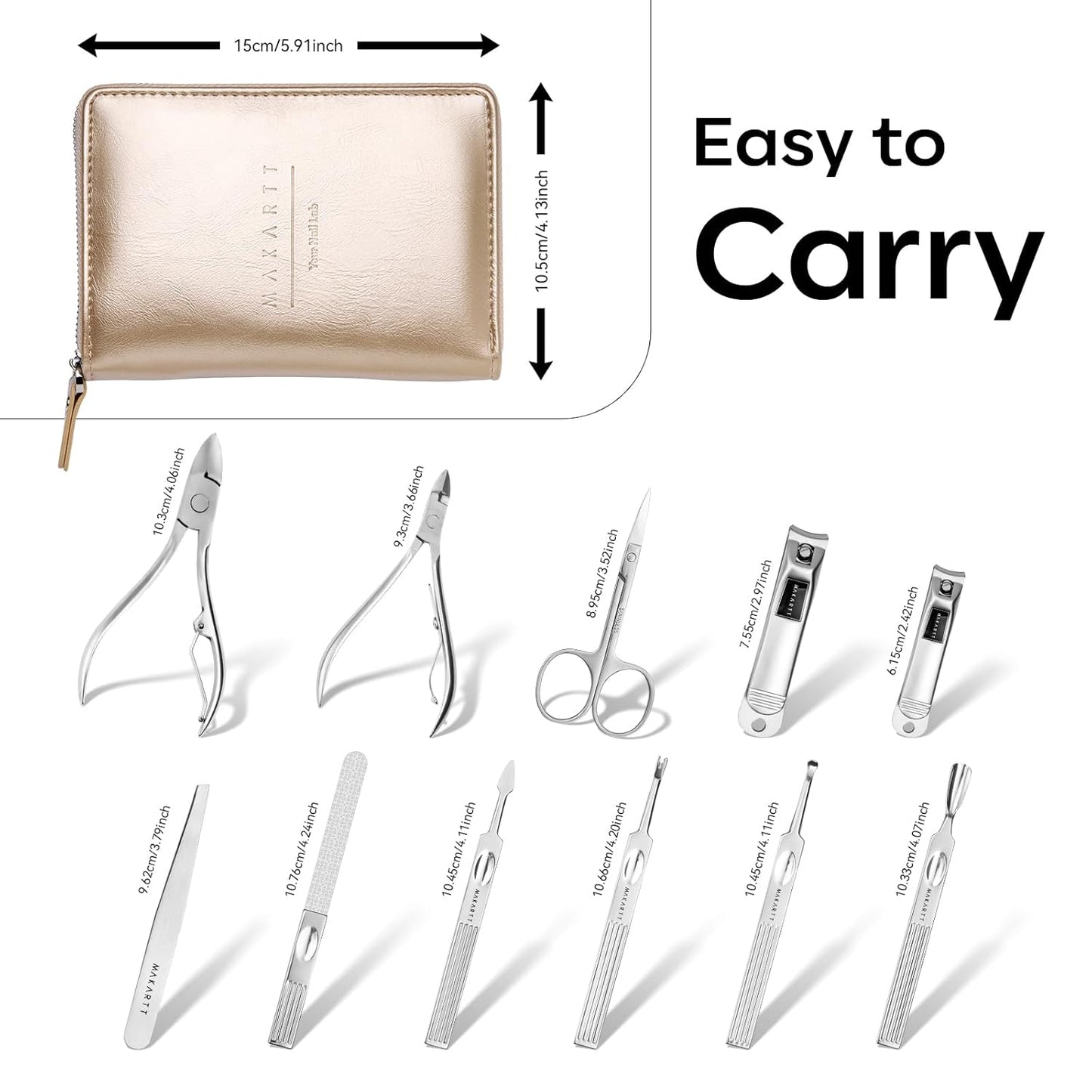 Makartt Manicure Kit for Women: Travel Manicure Pedicure Kit- 11 pcs Stainless Steel Women Men Fingernail Grooming Tool with Portable Rosy Gold Leather Case