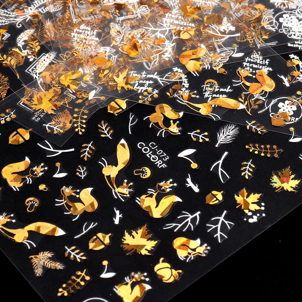 Maple Leaf Nail Art Stickers Decals Fall Nail Stickers 6PCS Golden Autumn Leaves Pine Nut Squirrel Autumn Nails Design Thanksgiving Day Nail Art Supplies Fall Stickers for Nails Manicure Decor