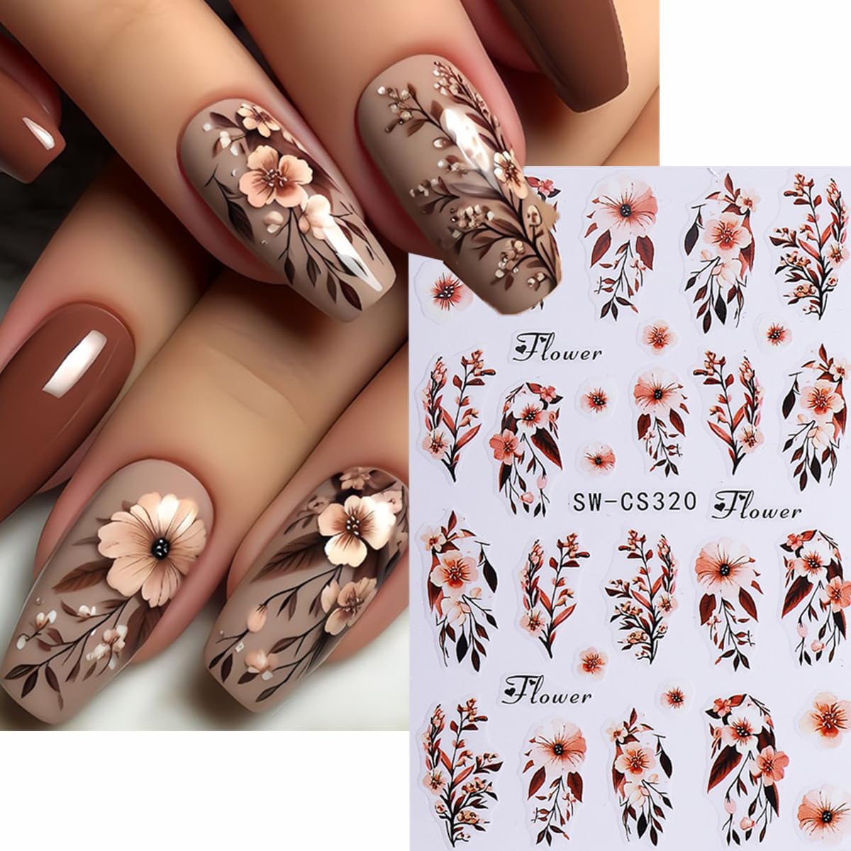 Fall Flower Nail Art Stickers Decals 3D Self-Adhesive Flower Nail Decals Nail Art Supplies 6PCS Brown Flowers Leaf Fall Winter Nails Design Manicure Sliders Accessories for Women DIY Nail Decorations