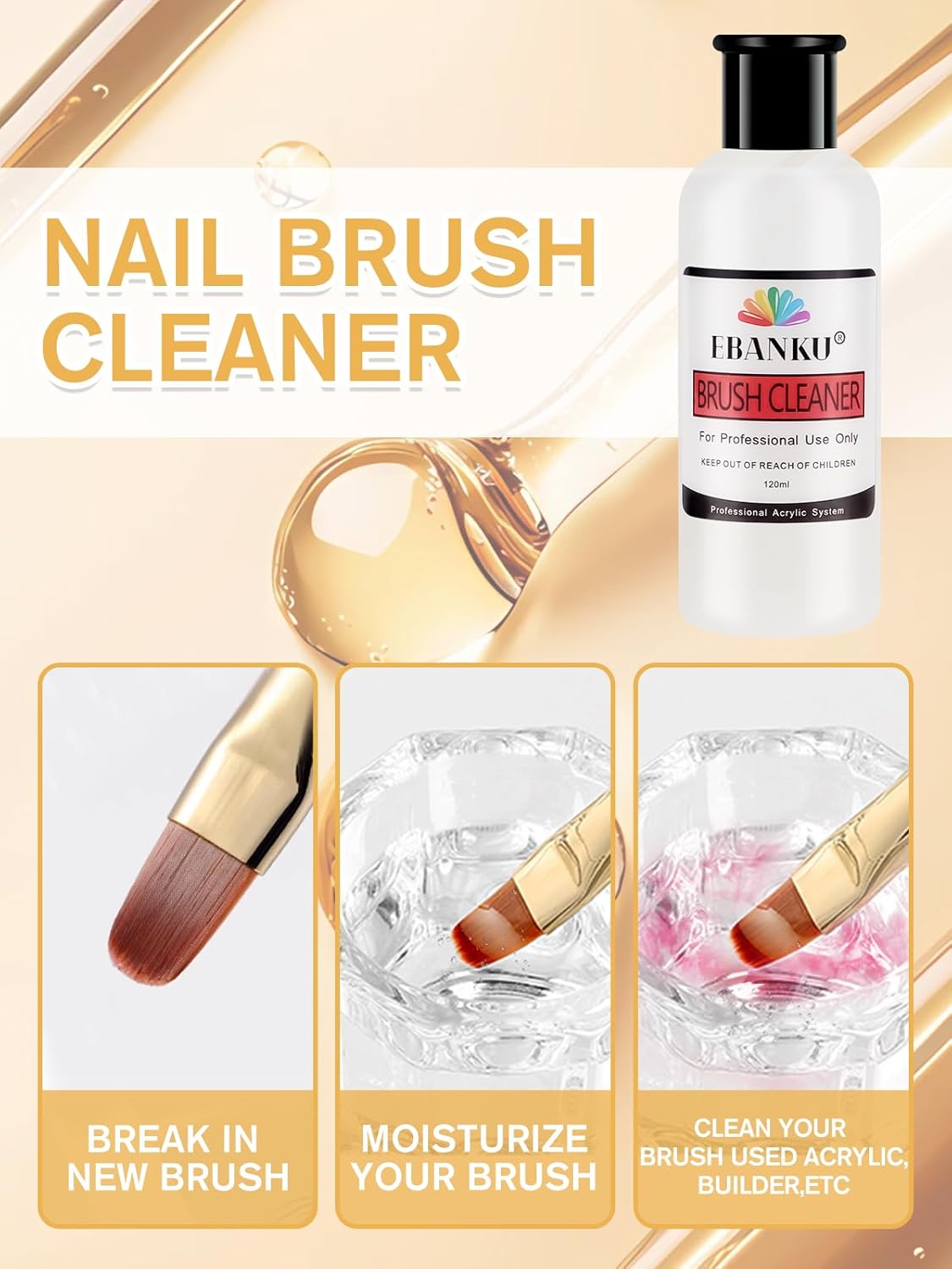 EBANKU 120ml Acrylic Nail Brush Cleaner, 3 in 1 Nail Art Brushes Conditioner Nail Brush Clean Solution Quickly Clean With Glass Cup and 100 Pcs Cleansing Pad for Solid Gel Polish/Nail Extension Gel