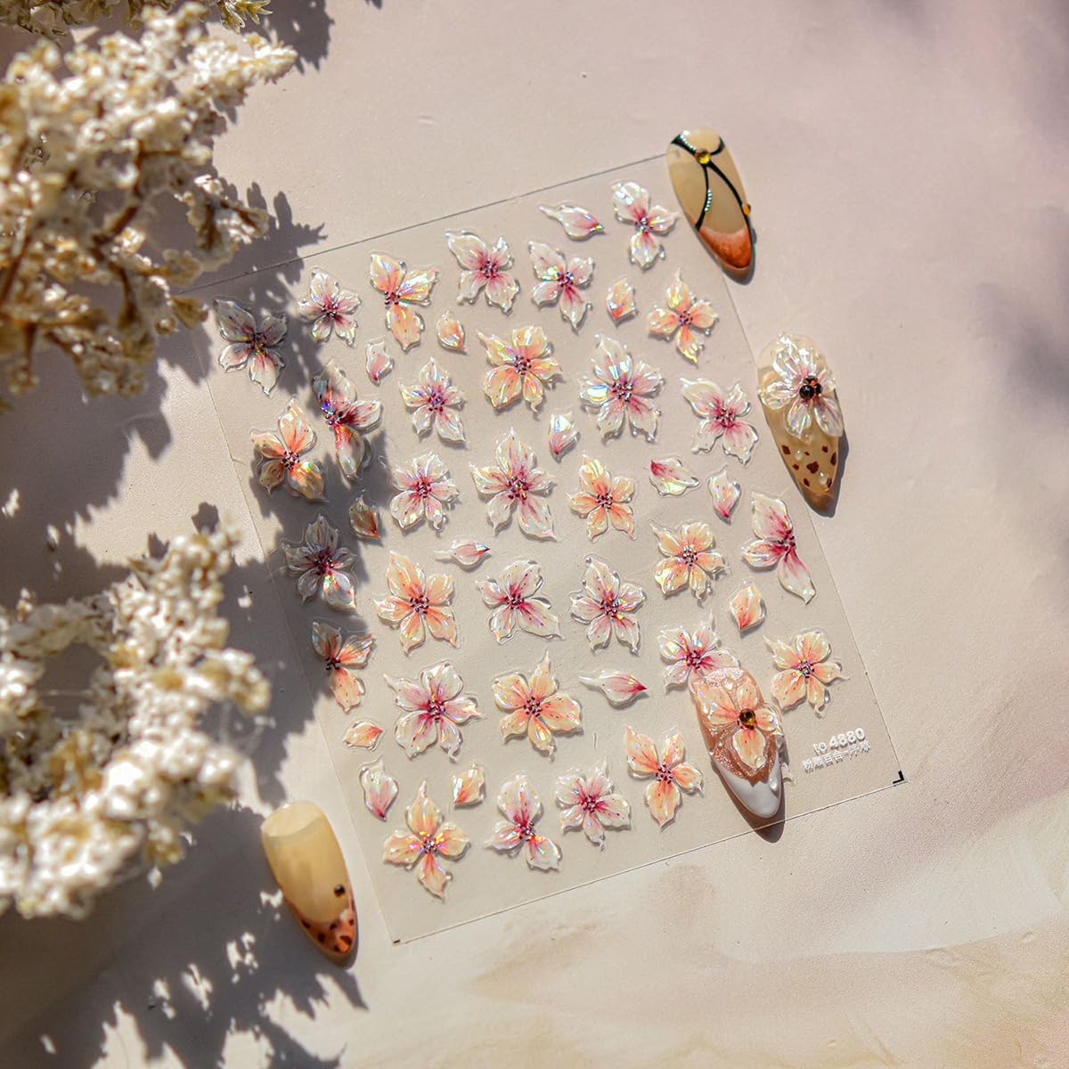 Flower Nail Stickers for Acrylic Self Adhesive 5D Embossed Flowers Nail Art Stickers Aurora Shell Pink Floral Sticker Flower Nails Decals Spring Summer Nail Supplies for Women Nail Decorations