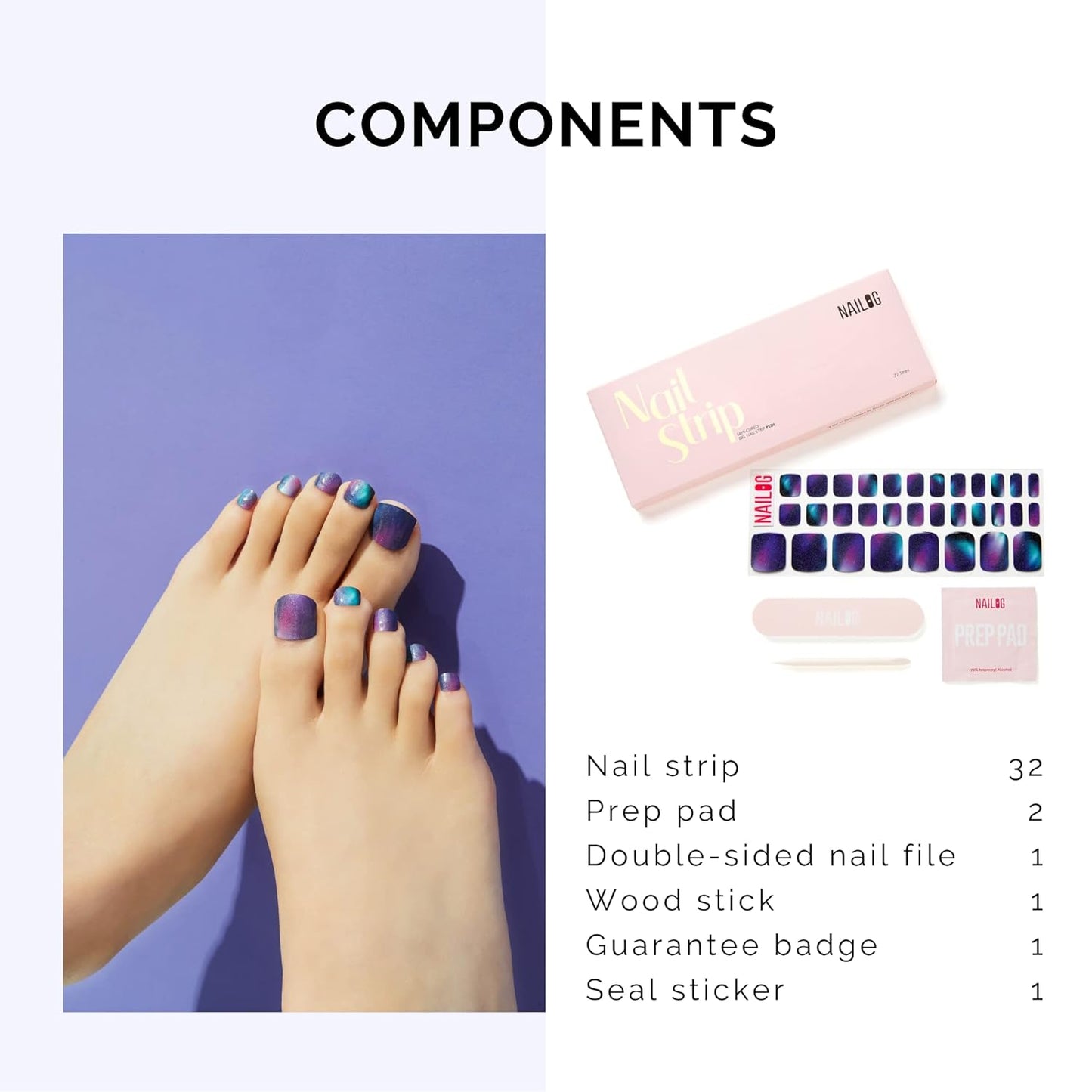 NAILOG Semi Cured Gel Nail Strips, Toe Nail Polish Strips with Glossy Gel Finishing | Buy 3 Get 1 UV Lamp| 32 Pieces Long Lasting Pedi Stickers | Aurora