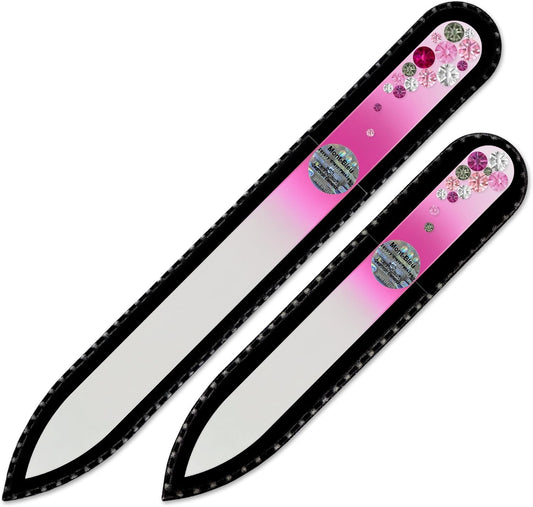 Mont Bleu Premium Set of 2 Glass Nail Files - Hand Decorated with Crystals - Improves Nail Strength - Washable