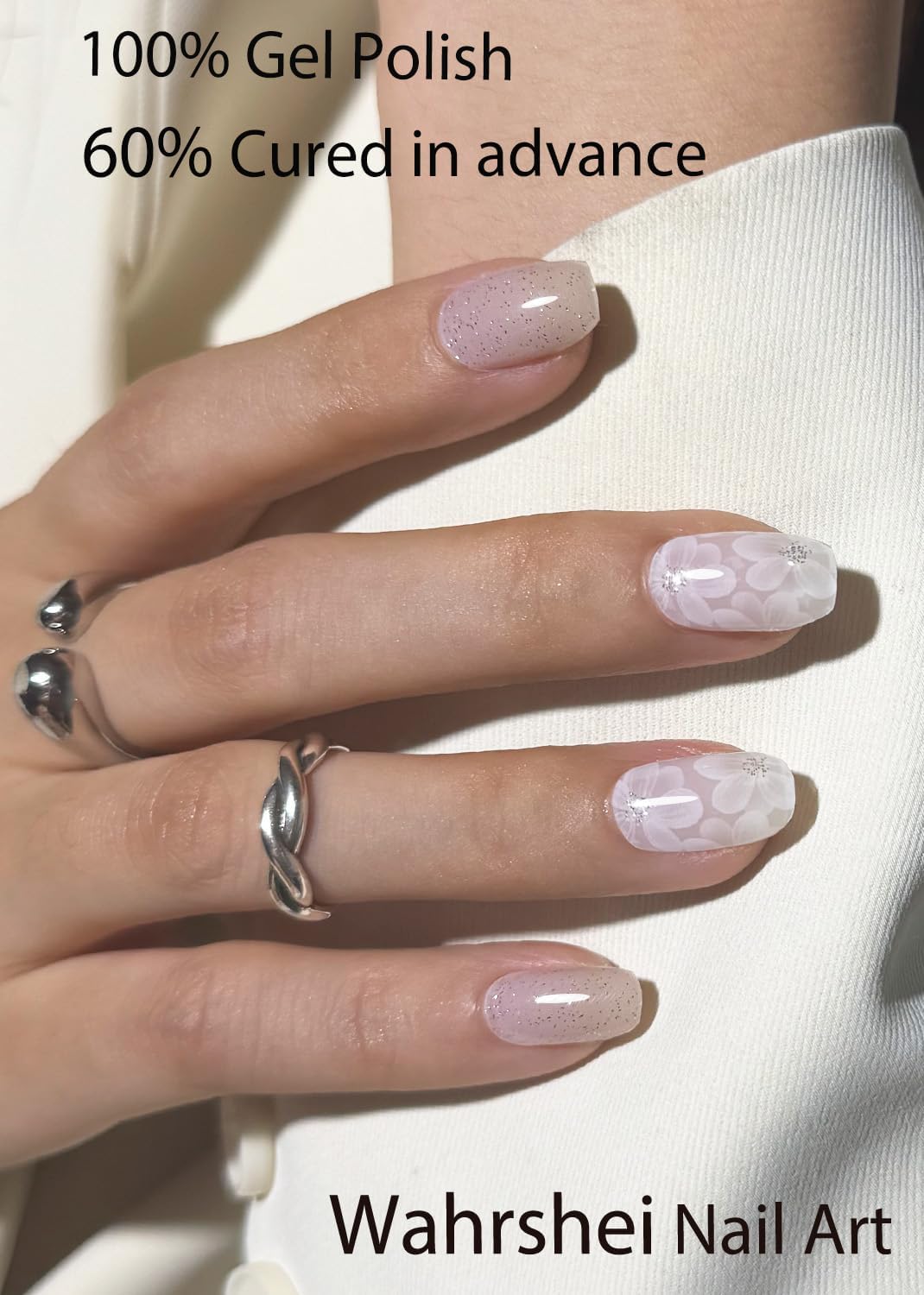 Semi Cured Gel Nail Strips, White Flower 20pcs Adhesive UV Sticker, Wraps for Home Manicure DIY