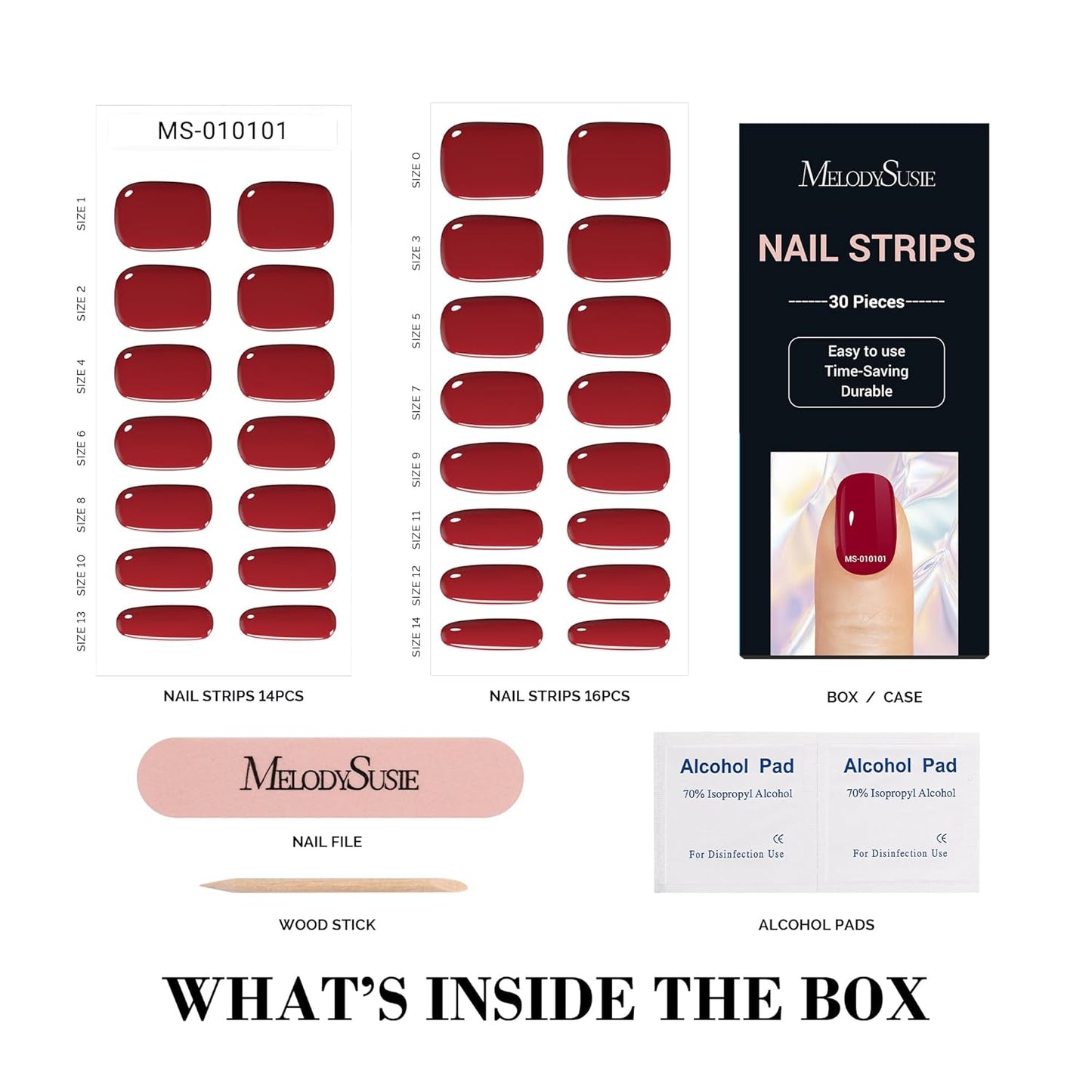 MelodySusie 30PCS Semi Cured Gel Nail Strips, Red, Gel Nail Stickers Work with Any Nail Lamps, Salon Quality, Long Lasting, Easy to Apply and Remove, Includes 2 Prep Pads, Nail File and Wooden Stick