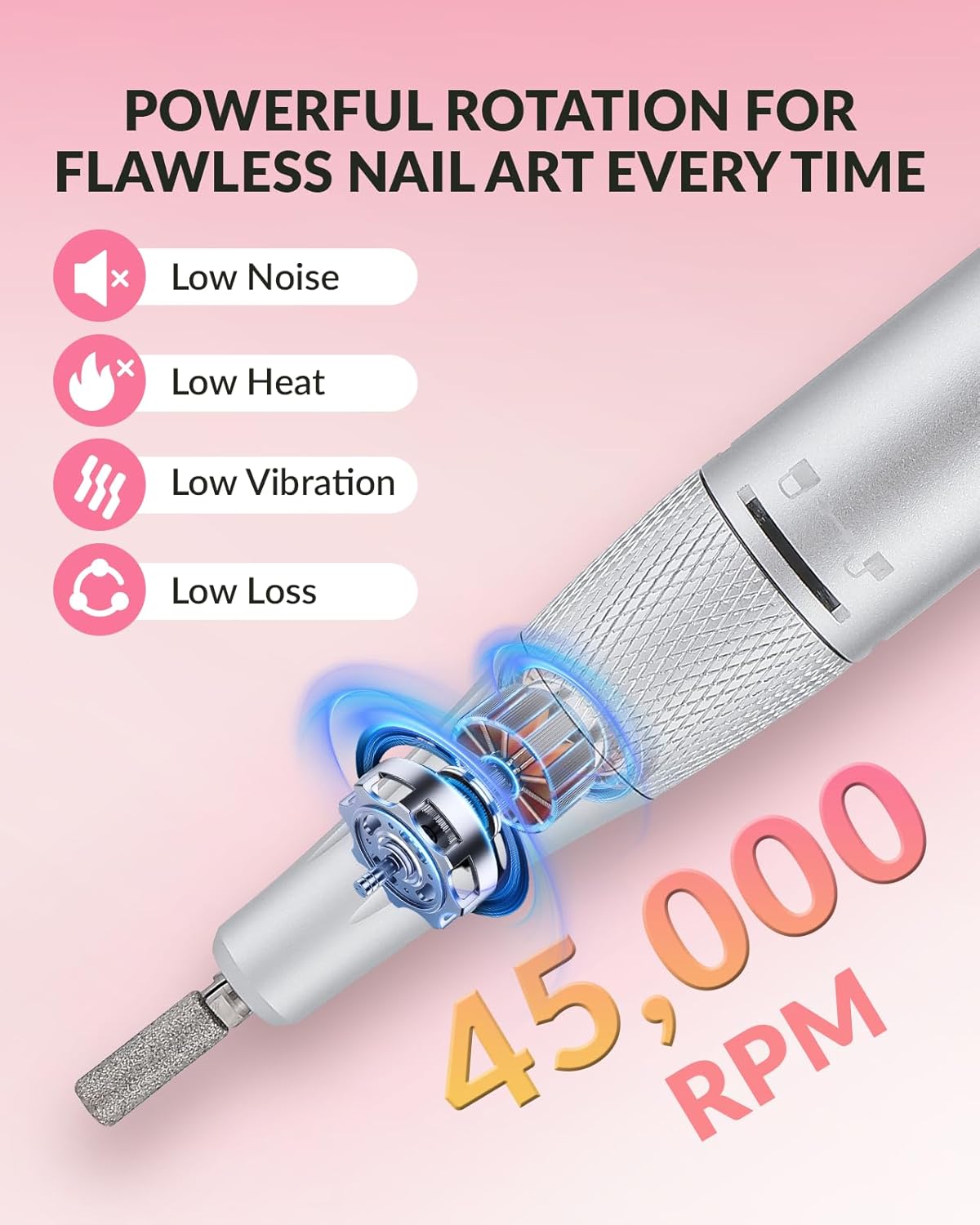 BAOSHISHAN Electric Nail Drill Kit, Rechargeable 45000RPM Nail Drills Professional with 10 Nail Drill Bits and 15 Sanding Bands, Cordless Efile for DIY Home Salon