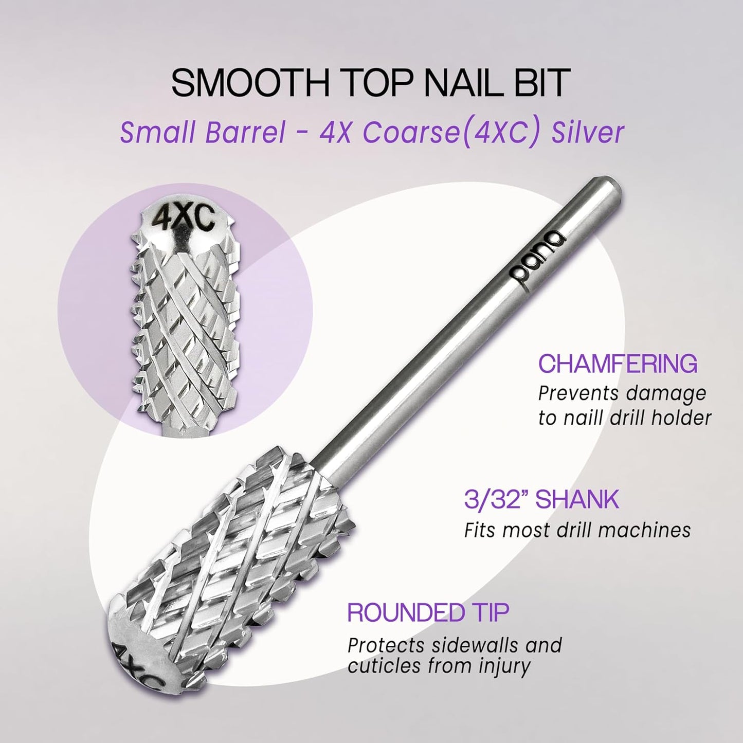 PANA 3/32" Small Smooth Round Top Safety Carbide Nail Drill Bit for Gel Polish & Acrylic Removal Nail Salon Manicure Pedicure Electric File Tools (Small Barrel - Silver, 4X Coarse)