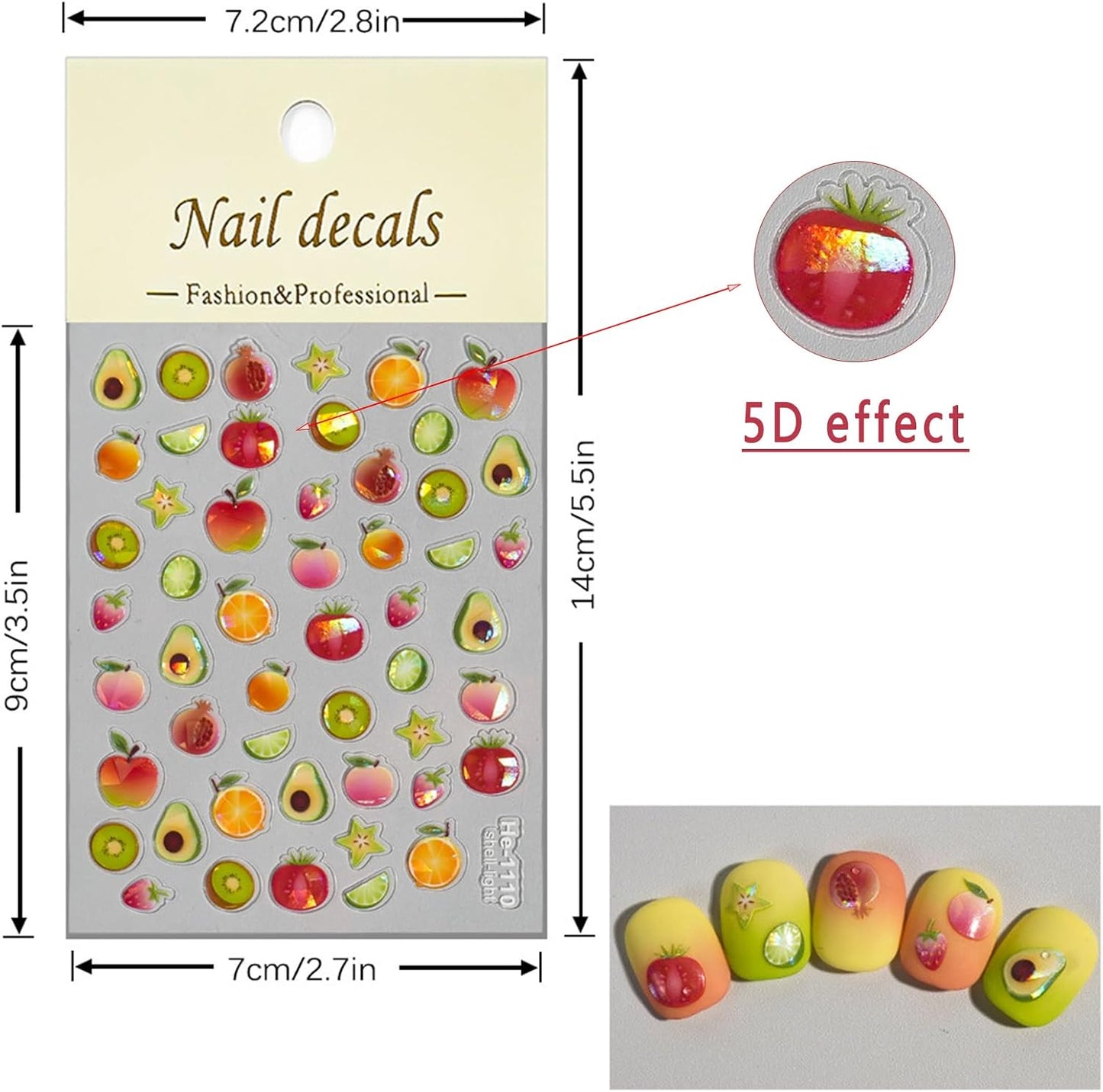 3 Sheets Summer Fruit Nail Art Stickers 5D Self-Adhesive Shell Light Embossed Lemon Orange Strawberry Nail Decals Cute Carambola Avocado Cherry Nail Supplies Women DIY Nail Art Decoration