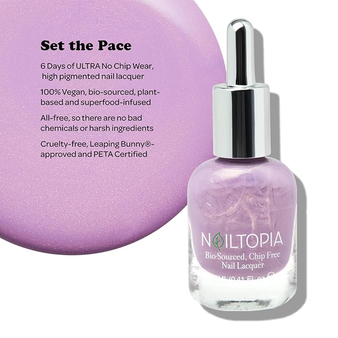 Nailtopia - Plant-Based Chip Free Nail Lacquer - Non Toxic, Bio-Sourced, Long-Lasting, Strengthening Polish - Set The Pace (Light Purple With Gold Reflects) - 0.41oz