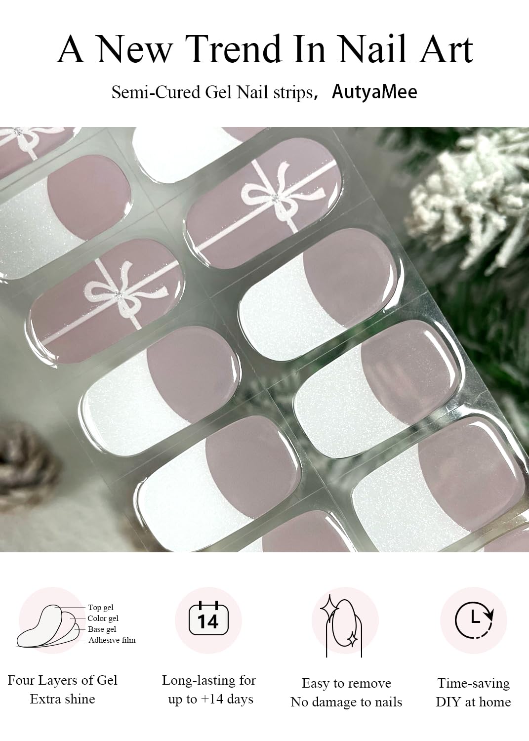Semi Cured Gel Nail Strips (French Bow)-20 PCS Gel Nail Stickers | Gel Nail Wraps | UV Light Required, Salon Quality & Easy To Use