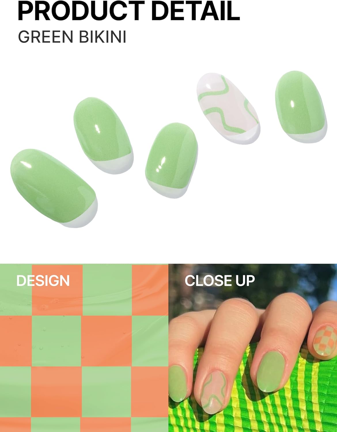 UUUUUU Semi Cured Gel Nail Strips | Salon-Quality | UV Free Gel Nail Wraps for Women | Easy Peel&Stick | Long-Lasting up to 14 Days | 28 Strips Set+File & Wipes | Gift-Ready (UGN059 Green Bikini)