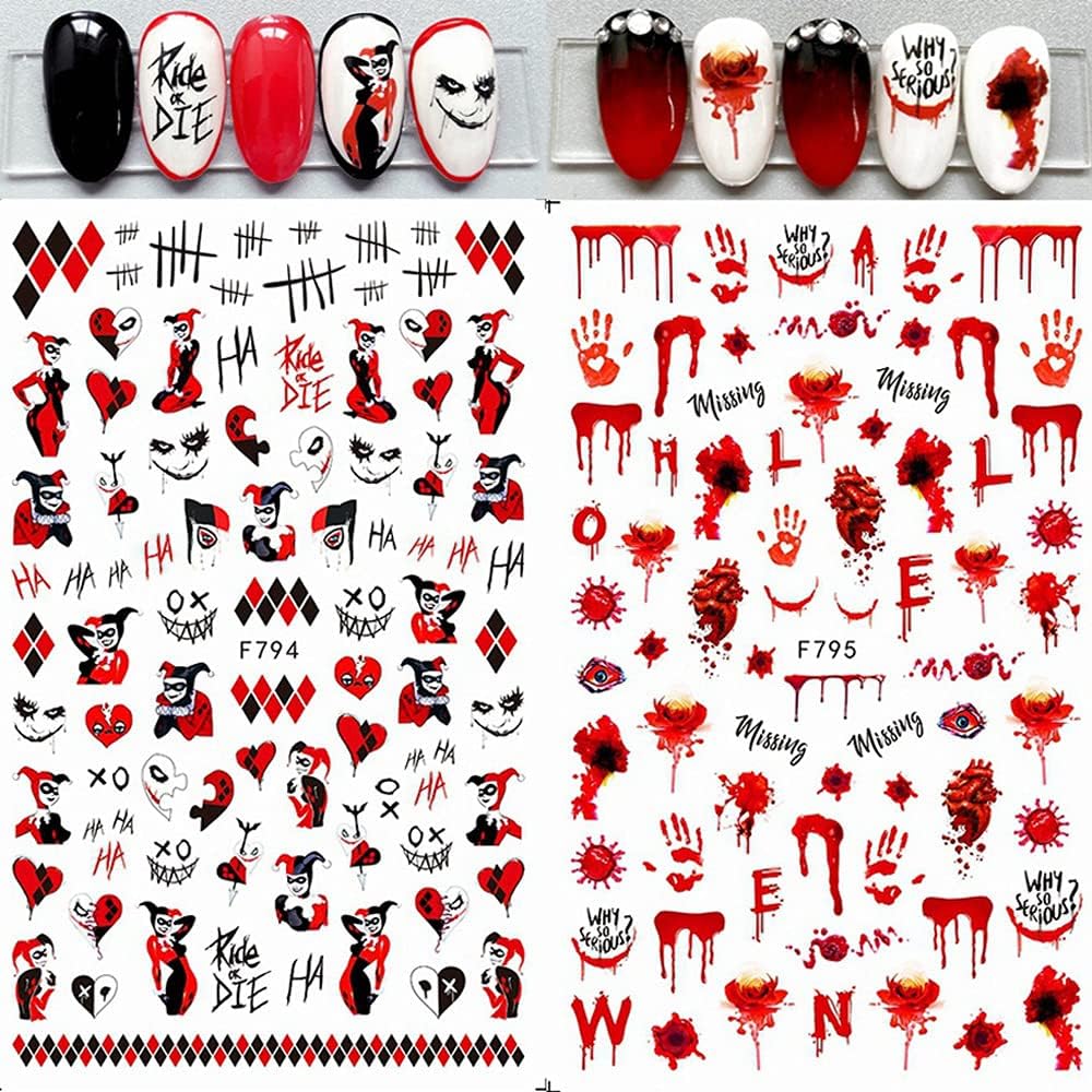TOFD Blood Nail Art Stickers Halloween Sticker Decals, Self Adhesive 3D Supplies Scar Clown Snake Eye Heart Designs for Women Girls Acrylic Nails, 4 Count (Pack of 1)