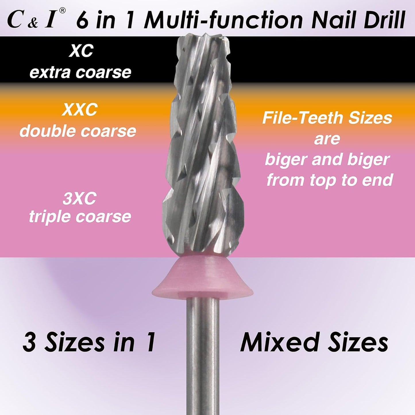 C & I Nail Drill Bit 6 in 1 Multi-function Rounded End E File, Tungsten Steel CNC Overall Cutting, Manicure Tool for Nail Tech Quick Remove Nail Gels, Acrylic Nails (Original, Triple Coarse -3XC)