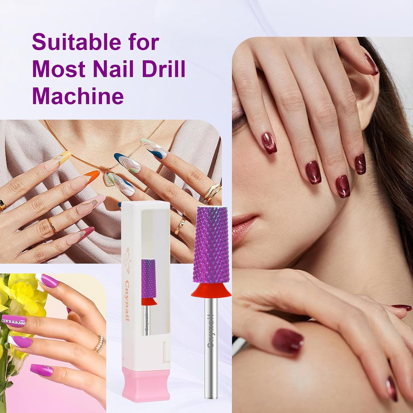 Cnynail 3/32" Large Tapered Barrel Flat Bit Tungsten Carbide Nail Drill Bit Safety Bit for Gel & Acrylic Removal, 2- Way Rotating Efile Tip, Salon Electric File Accessory (F Girt, Purple)