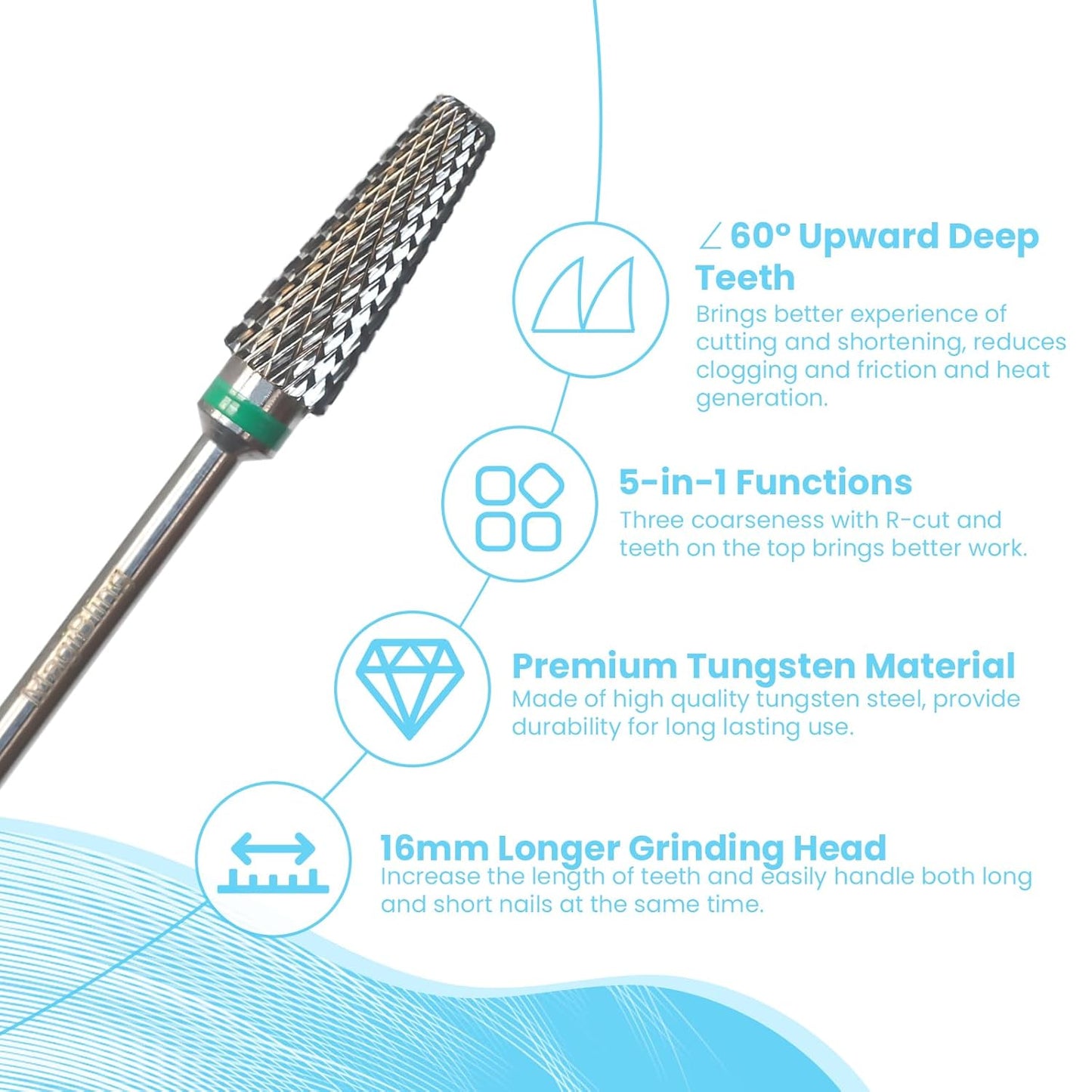 Super Cut 5 In 1 Nail Drill Bits, Tapered Barrel 3/32'' Safety Tungsten Bits, Upward Cut for Hard Gel Removal, Right Hand Use, Manicure Cuticle Gel Polishing, Technicians Bits, Coarse.
