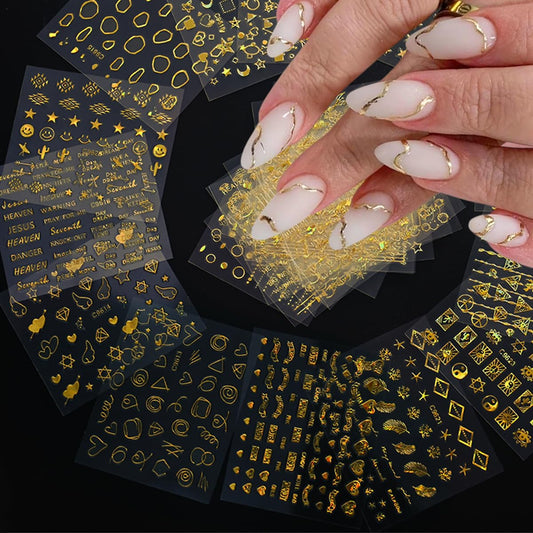 30 Sheets Gold Nail Art Stickers 3D Self-Adhesive Gold Line Nail Stickers Star Moon Heart Nail Design Sticker Lrregular Lines Nail Decals Acrylic Nail Art Supplies for Women