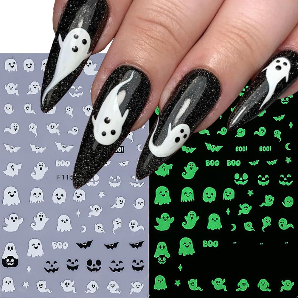 Halloween Nail Art Stickers Decals 3D Cute Luminous Ghost Nail Stickers 6PCS Glow in The Dark Bat Boo Ghost Design Halloween Nails Adhesive Sticker Manicure Nail Art Supplies for Nail Decorations