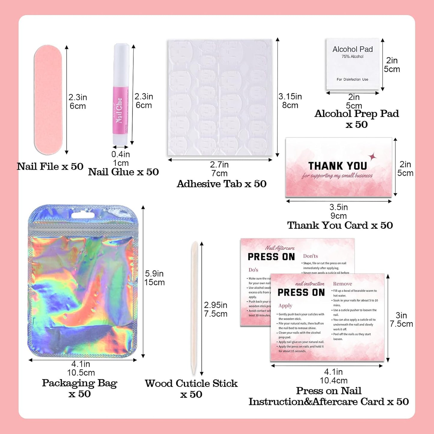 Press On Nail Tool Kit for Business - Prep Application Disposable Kit With File, Glue, Prep Pads, Instruction Card, Adhesive Tabs, Wood Stick, Holographic Bag (50pcs in Pink)