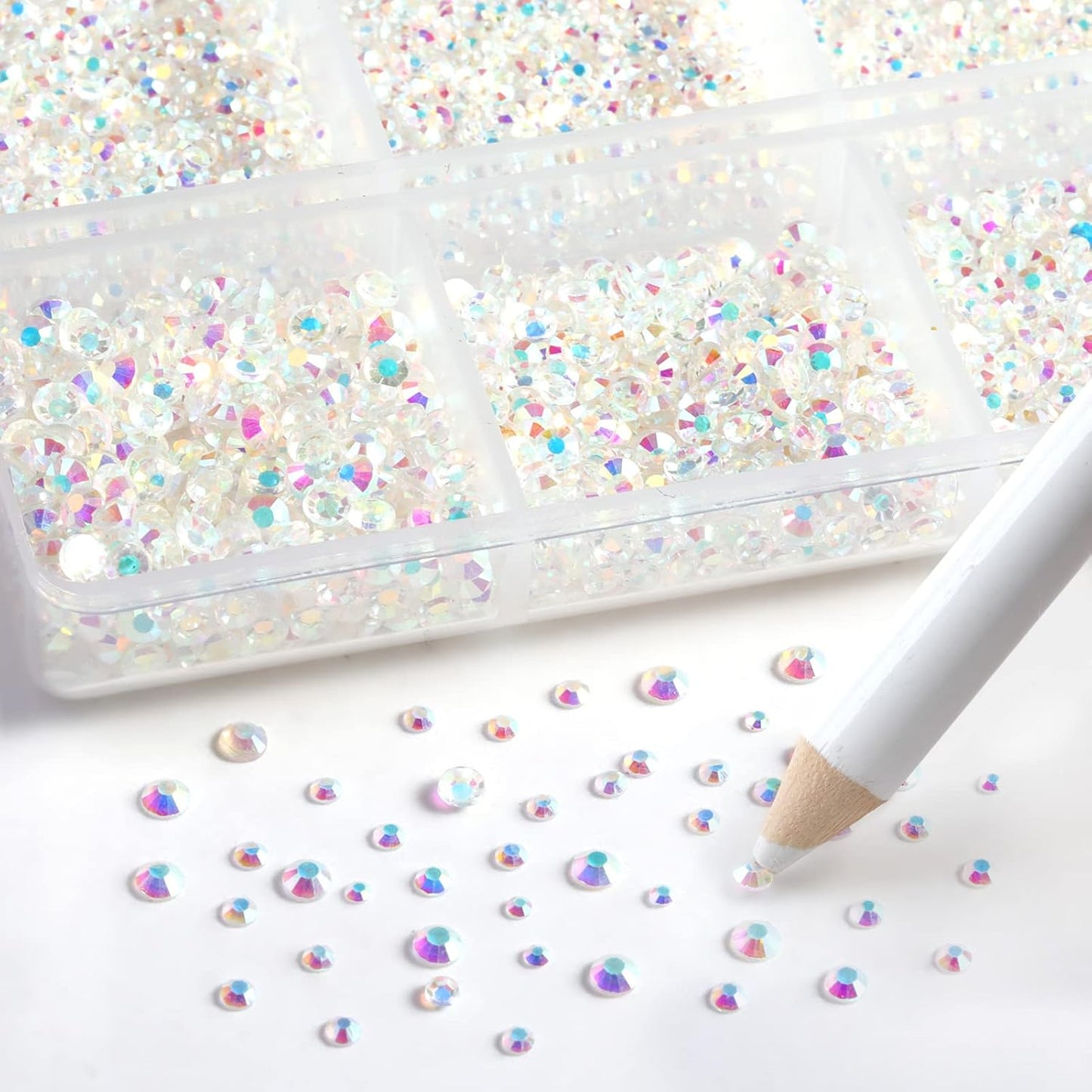 Beadsland 7200pcs Flatback Rhinestones,Transparent Rhinestone Nail Gems Round Crystal Rhinestones for Crafts,Mixed 6 Sizes with Wax Pencil Kit, SS3-SS10,Transparent AB