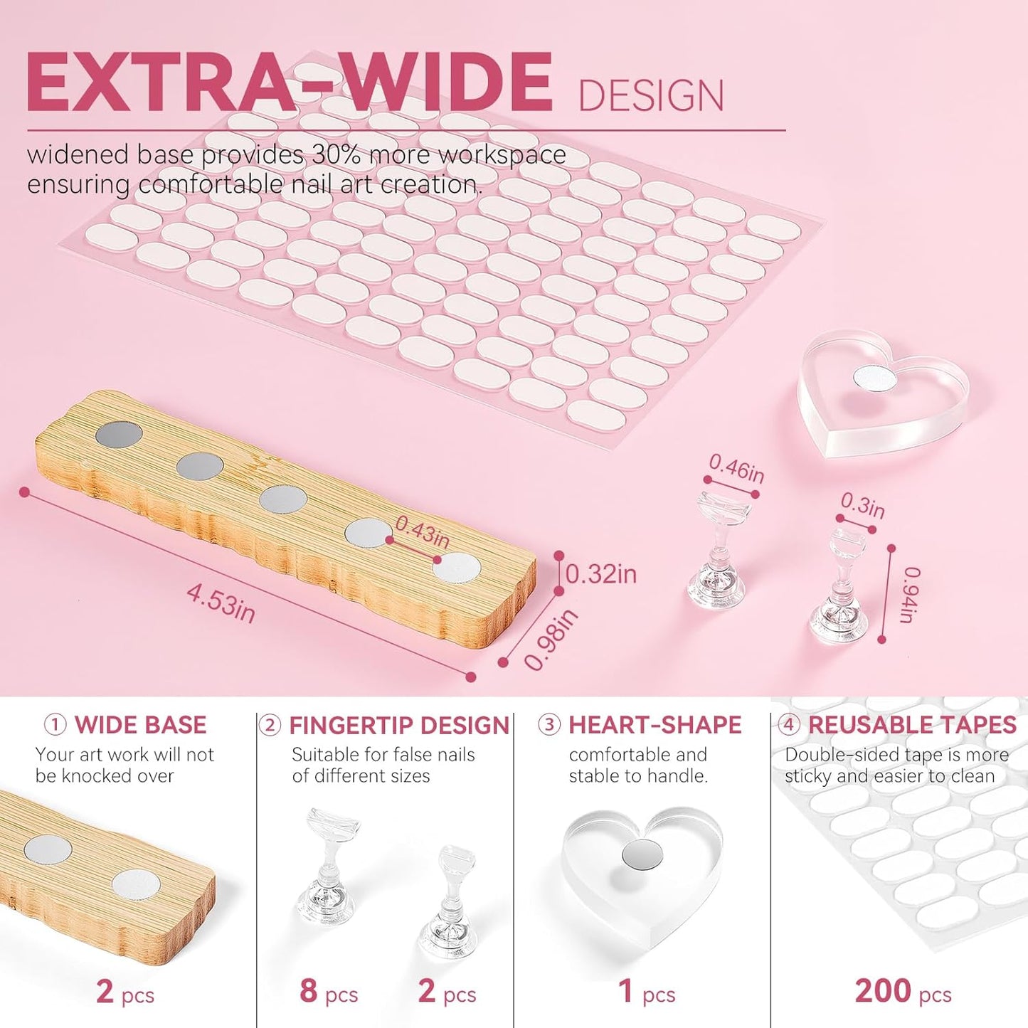 Nail Stand for Press On Nails Art Display Practice 2 Sets, 1 Heart Shaped Acrylic Magnetic Nail Stands, Fake Nail Holder Tips With 200 PCS Double-Sided Tape, Nail Kit Home DIY Salon Supplies