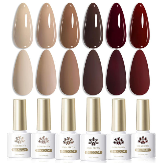 Born Pretty Fall Winter Brown Gel Nail Polish,6 Colors Brown Beige Khaki Skin Tone Gel Polish Roasted Chestnuts Chocolate Burgundy Red Gel Polish Kit for Salon Nail Art DIY at Home Manicure