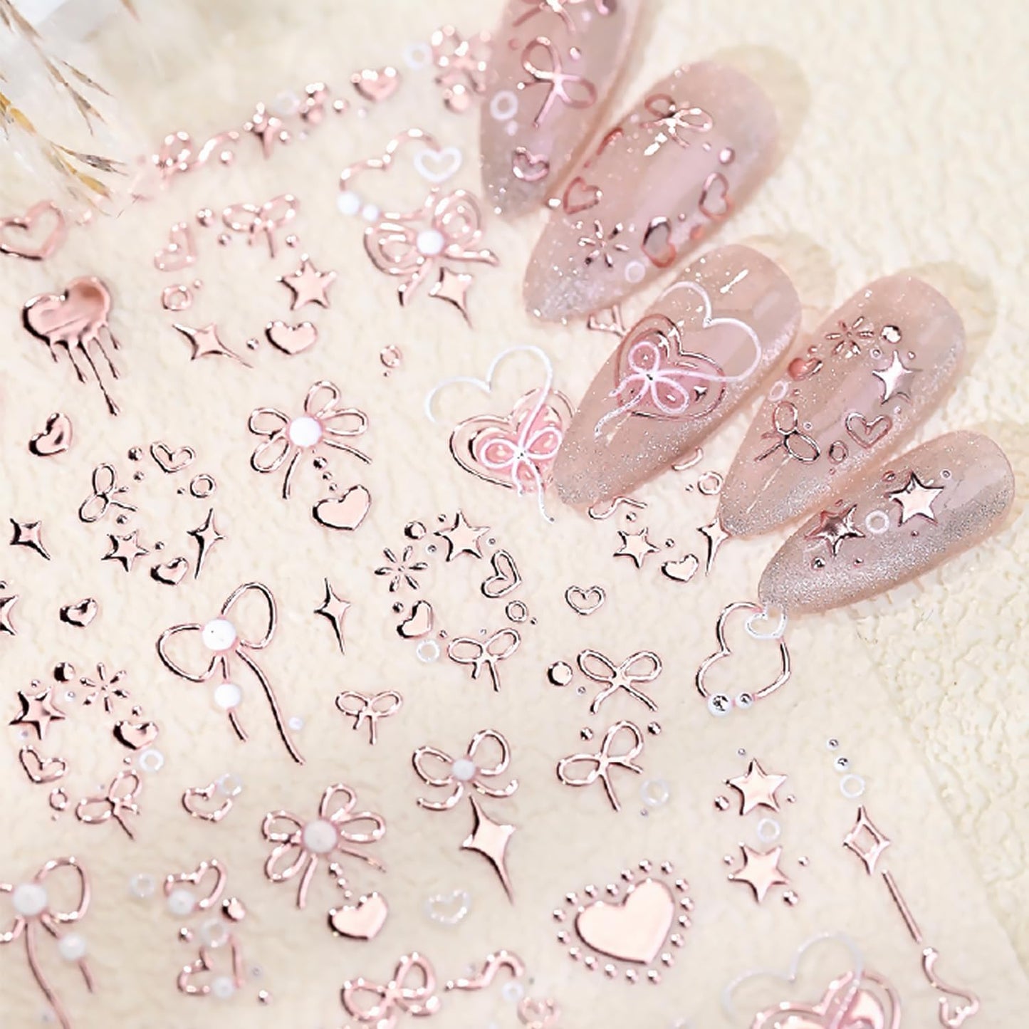 Valentine's 5D Embossed Nail Art Stickers - Romantic Rose Gold & Pink Nail Decals with Bronzing Bow Heart Designs