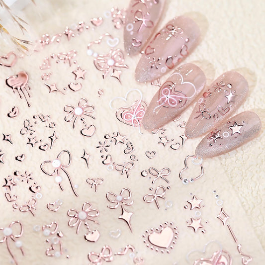 Valentine's 5D Embossed Nail Art Stickers - Romantic Rose Gold & Pink Nail Decals with Bronzing Bow Heart Designs