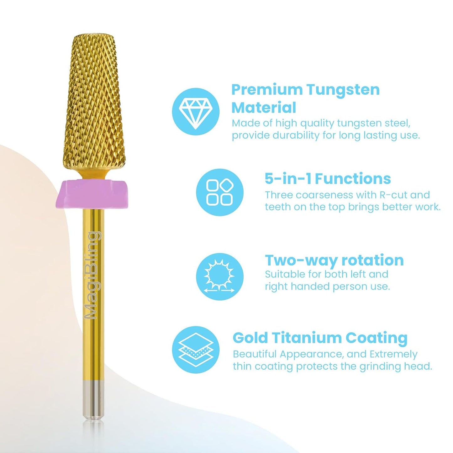 Nail Drill Bits 5 in 1 Tapered Barrel, 3/32'' Safety Tungsten Carbide Bits, Two-way Rotation, Suitable for Manicure Pedicure Cuticle Gel Polishing, Technicians Bits, Grit: Double Fine.