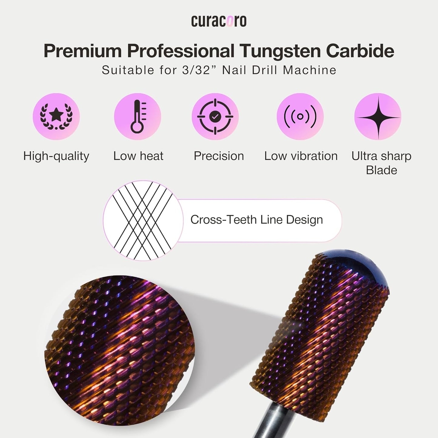Curacoro Nail Drill Bits 3/32'' - L-Shape Smooth Stop Barrel Carbide Bit (Fine) for Professional Finish, Gently Remove, Buff & Polish Gel Nails, Nail Art Pedicure Manicure Salon & Home