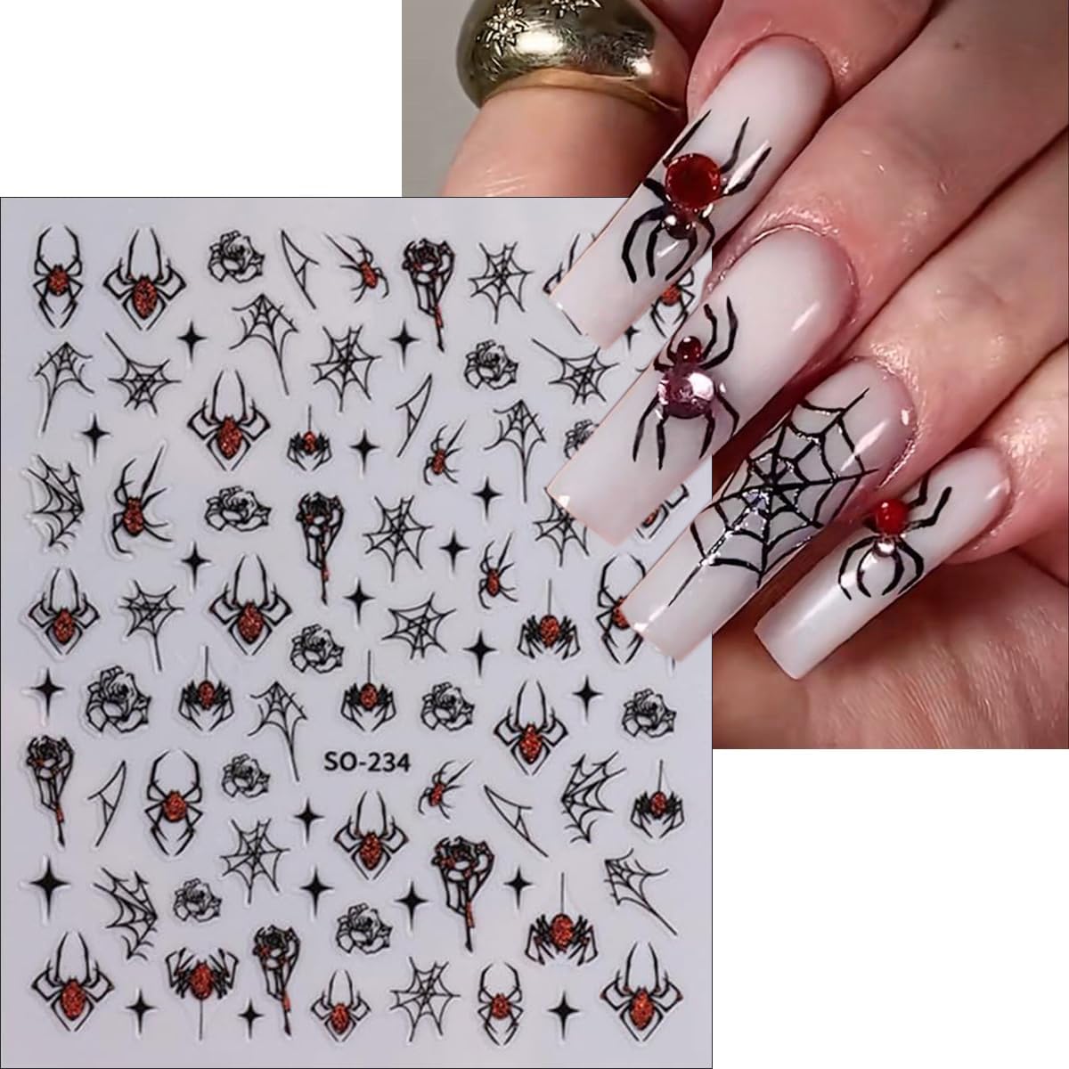 4 Sheets Halloween Nail Art Stickers Decals 3D Self-Adhesive Ghost Skull Cherry Nail Decals Holographic Glitter Design Bat Water Drop Spider Web Nail Stickers Holiday Nail Decorations for Women