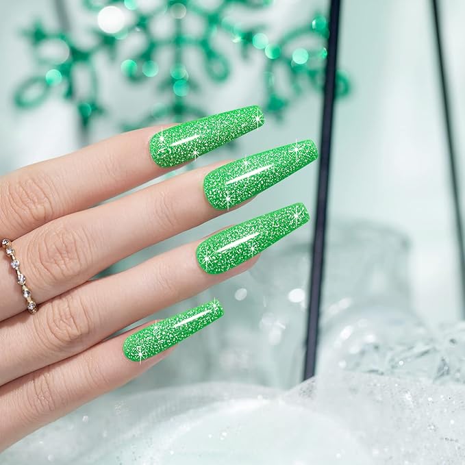 RARJSM Green Gel Nail Polish, 7.5ml 0.25Floz Reflective Gel Nailpolish Glitter Gelpolish Summer Candy Collection Diamond Shimmer Neon Green Nailgel for Starter Nail DIY U V L E D Required