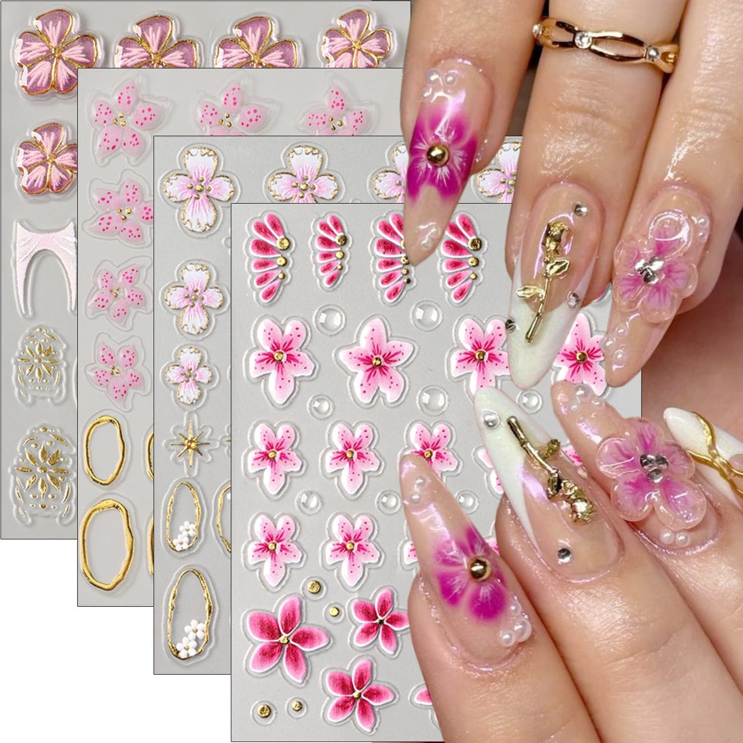 Flower Nail Stickers 5D Embossed Cherry Blossom Nail Decals Pink Floral Gold Star French Nails Art Stickers Cute Nails Supplies Spring Flower Manicure Decoration Accessories Charms for Women Girl 4Pcs